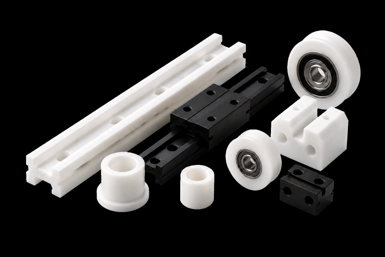 Engineering-plastic bushings, sleeves and sliding guides used to explain material selection.